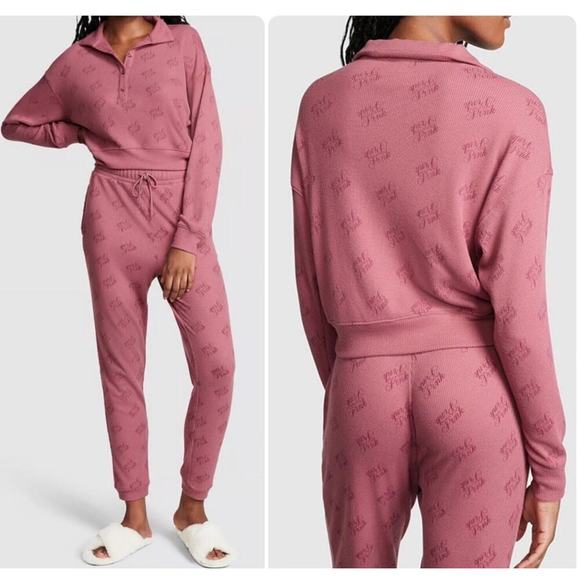 Victoria’s Secret PINK Thermal Waffle Knit Jogger Pants Top Set Soft Begonia XS - Picture 1 of 14
